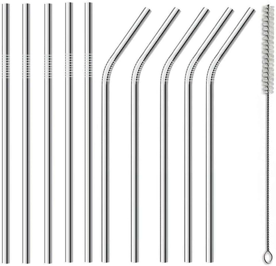 Canudo Inox Reutilizável Ecológico 10 Unidades 5 Retos 5 Curvos + Escova