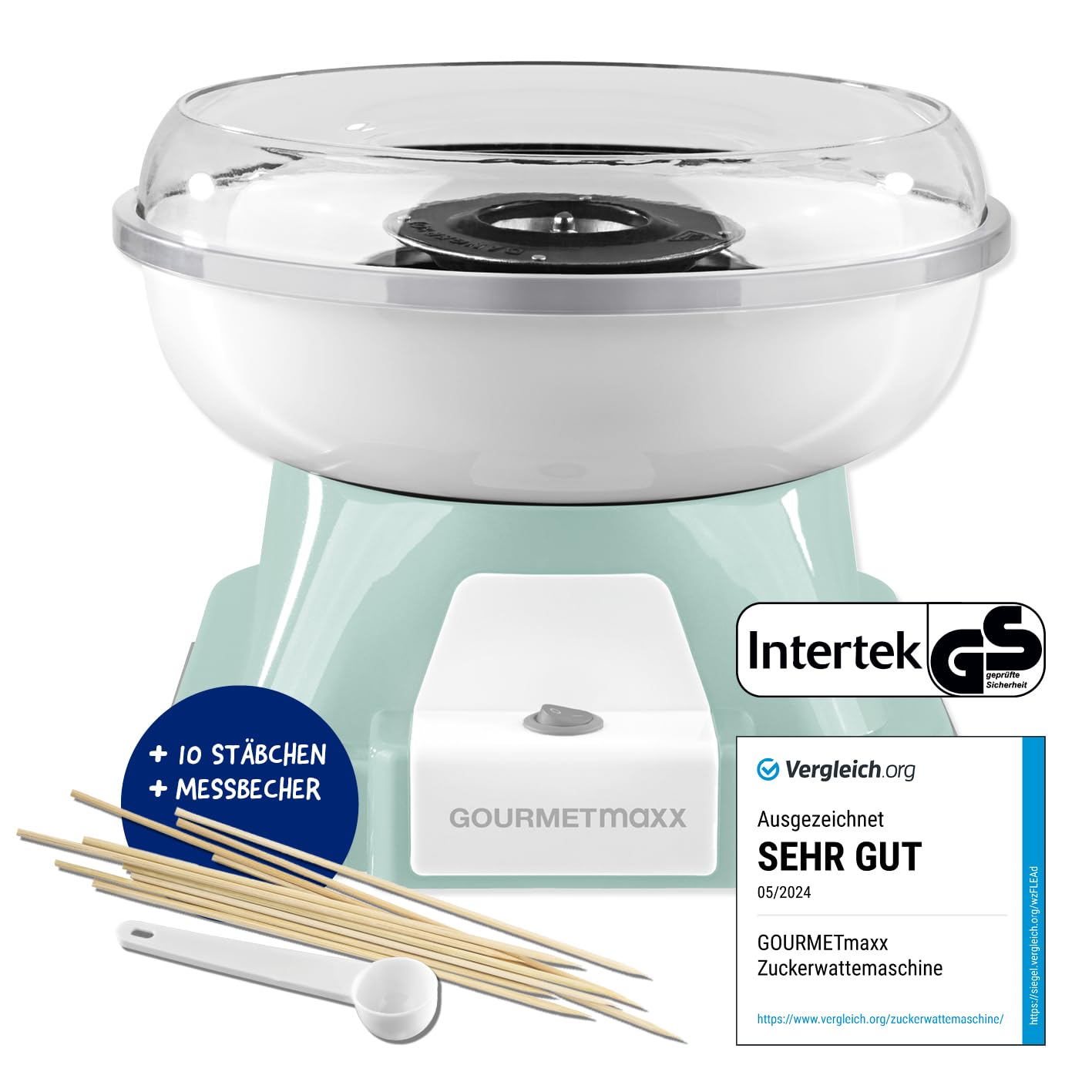 GOURMETmaxx Zuckerwattemaschine für Zuhause – Retro Mint, inkl. 10 Stäbchen & Messlöffel
