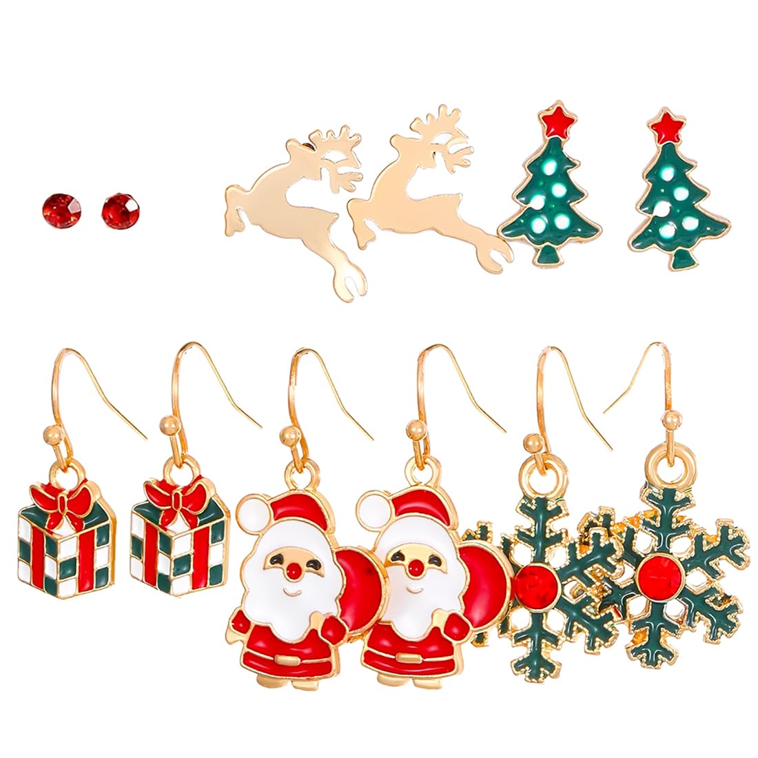 6 Paires Boucles d'Oreilles Pendantes de Goutte de Noël Stud de Noël Ensemble de Bijoux Boucles d'Oreilles de Cadeau de Noël pour Femmes Filles Enfants Bonhomme de Neige Flocon