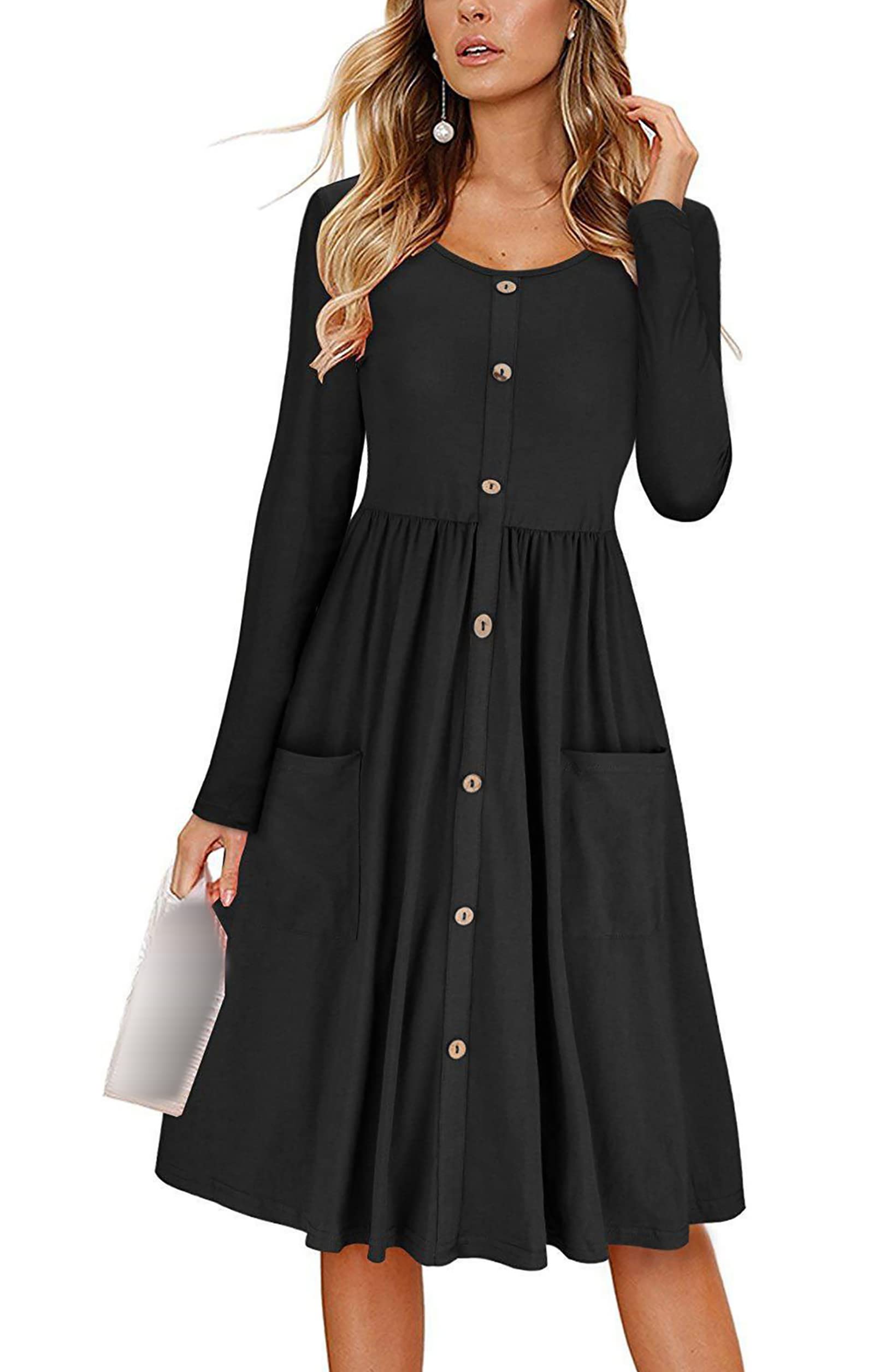 LAI MENG FIVE CATS Women's V Neck Button up Casual A-line Midi Dress with Pockets