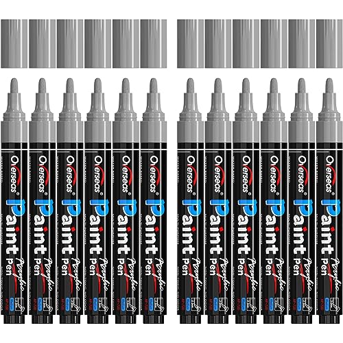 Overseas Rotuladores de pintura plateados, marcadores acrílicos permanentes, 12 unidades, a base de agua, secado rápido, impermeables, para roca, madera, plástico, metal, lienzo, vidrio, tazas, punta