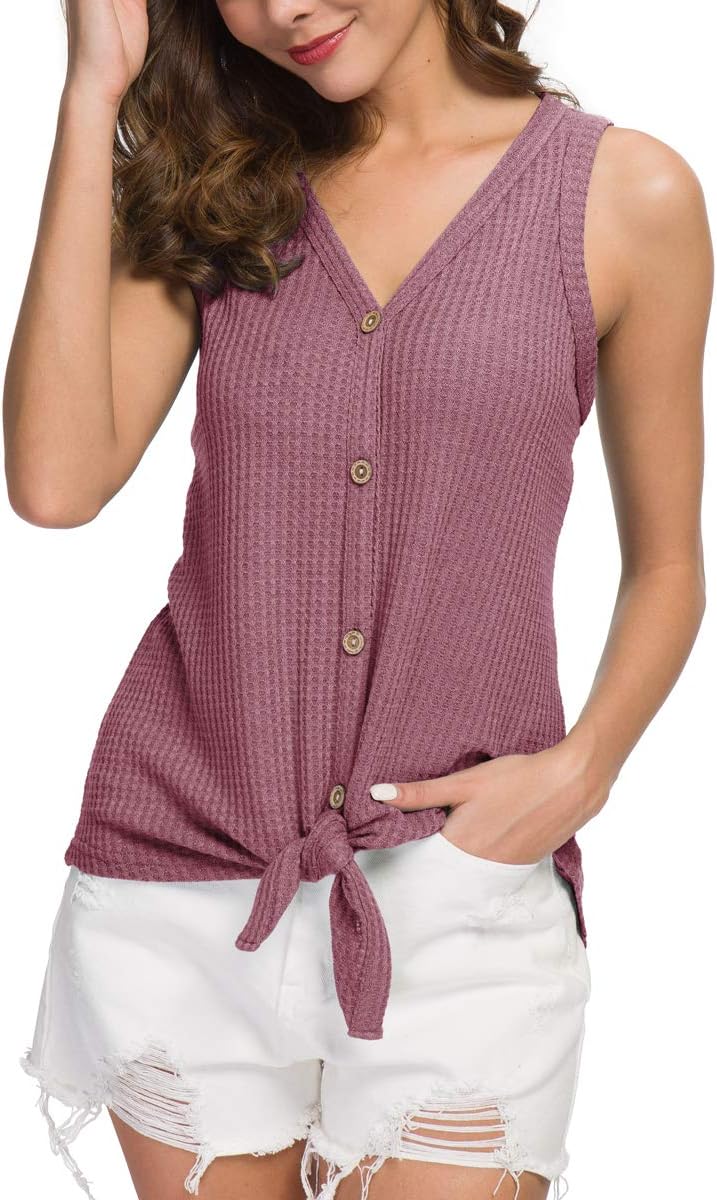 IWOLLENCE Womens Loose Henley Blouse Sleeveless Button Down T Shirts Tie Front Knot Tops - Image 2