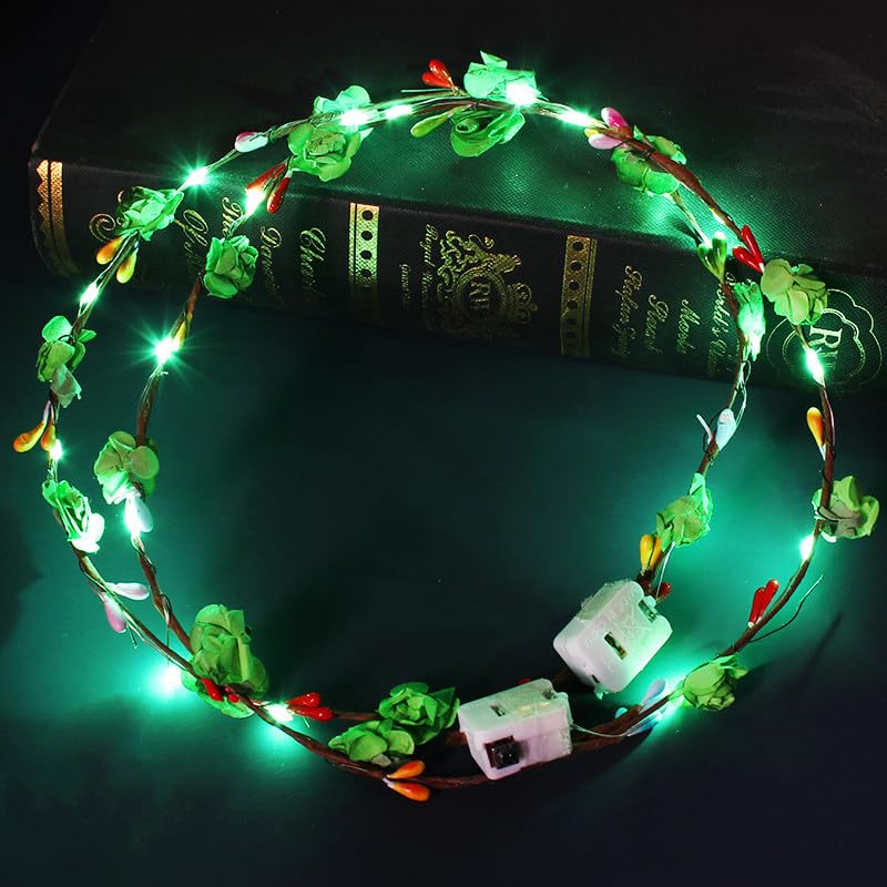 Led Light Women Flower Girl Headband Glow Blinking Hair Wreath For Girls Wedding Festival Christmas New Year Party (Green) image 4