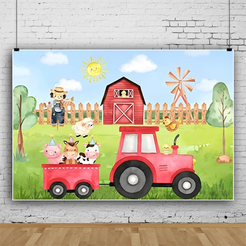 Bauernhof-Geburtstags-Hintergrund 2,1x1,5 M – Blau-rote Scheune Mit Tieren, Perfekt Für Kinderpartys & Fotos