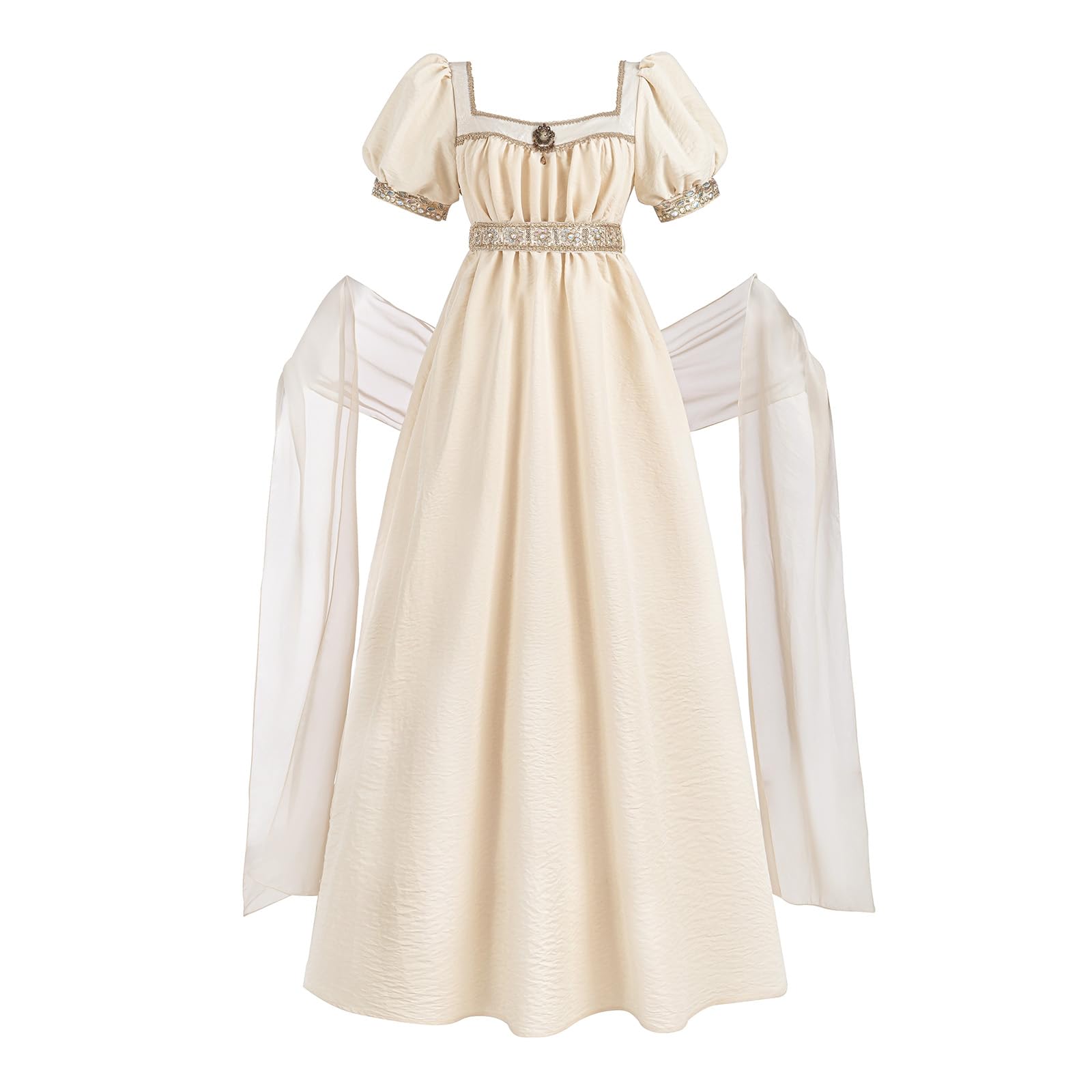LTAKK Regency Dress Women Satin Regency Costume Empire Waist Tea Party Victorian Gown with Shawl, Champagne, XXL