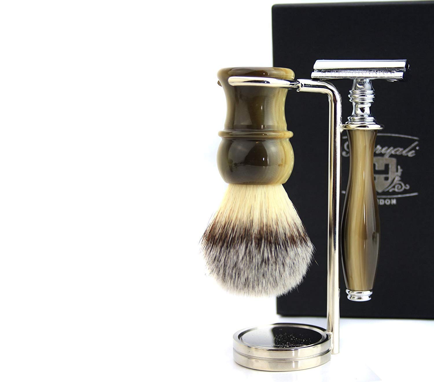 Stile Vintage Depilazione Set da Uomo Capelli Sintetici Spazzola Horn Manico, Doppia Lama Sicurezza Rasoio Horn Manico Steel e chrome Lame testa