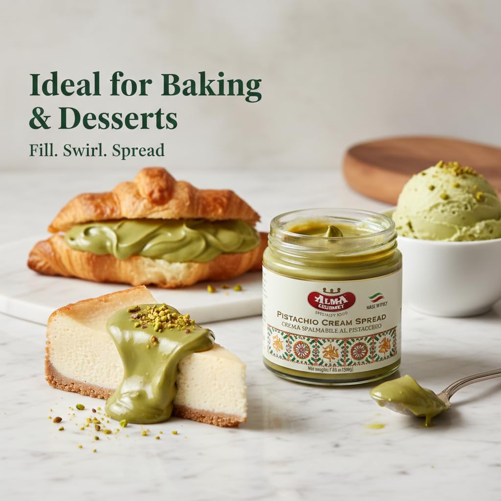 Alma Gourmet Sicilian Pistachio Cream Spread - Pistachio Spreadable Cream Imported from Italy - Ideal to Spread on Bread, Biscuits, Waffles, Pancakes, Croissant, Cookies, Muffins and Crepes - Perfect to Garnish Ice Cream, Frappé, Cakes and Cheesecakes - 7.05oz (200g) (Pack of 3)