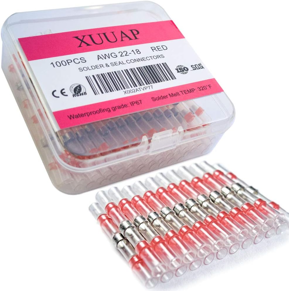 100pcs Solder Seal Wire Connectors | Waterproof Insulated Heat Shrink Solder Electrical Terminals | for Automotive, Marine, Trailer Wiring Repair | No-Crimp Splice, Red 22-18 AWG