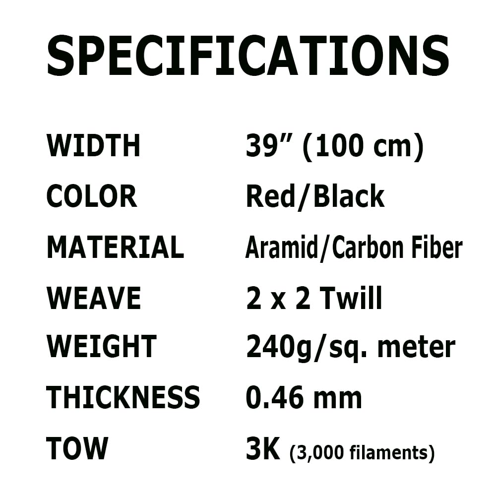 10ft x 1 Meter - Red Carbon Fiber Aramid Fabric - 3K Tow - 240g/meter - Twill Weave - 120 in x 39 in