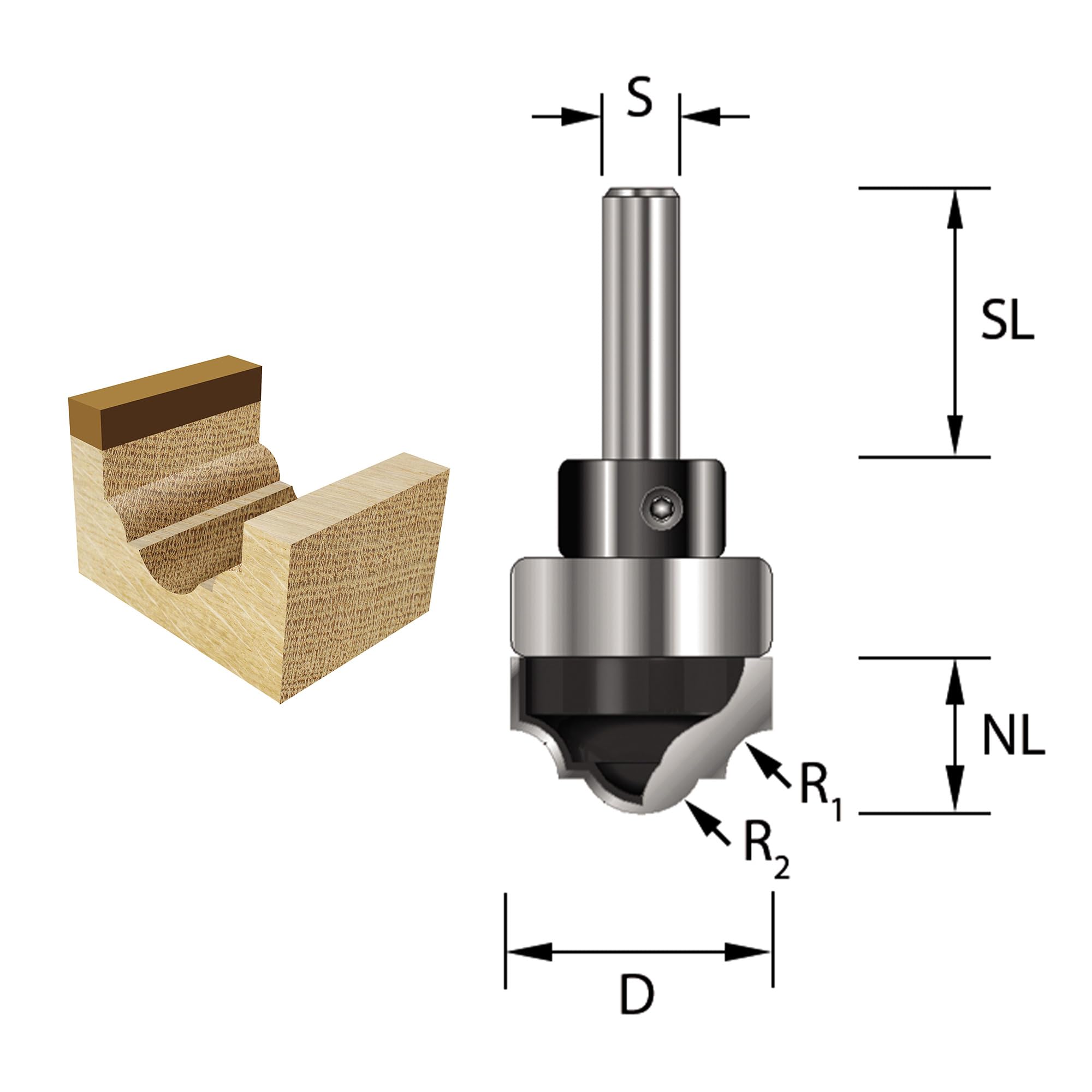 ENT 12980 Frez klasyczny w wegliku, trzpien (S) 8 mm, srednica (D) 22 mm, NL 12,7 mm, R1 4 mm, R2 5,5 mm, SL 32 mm, z lozyskiem kulkowym