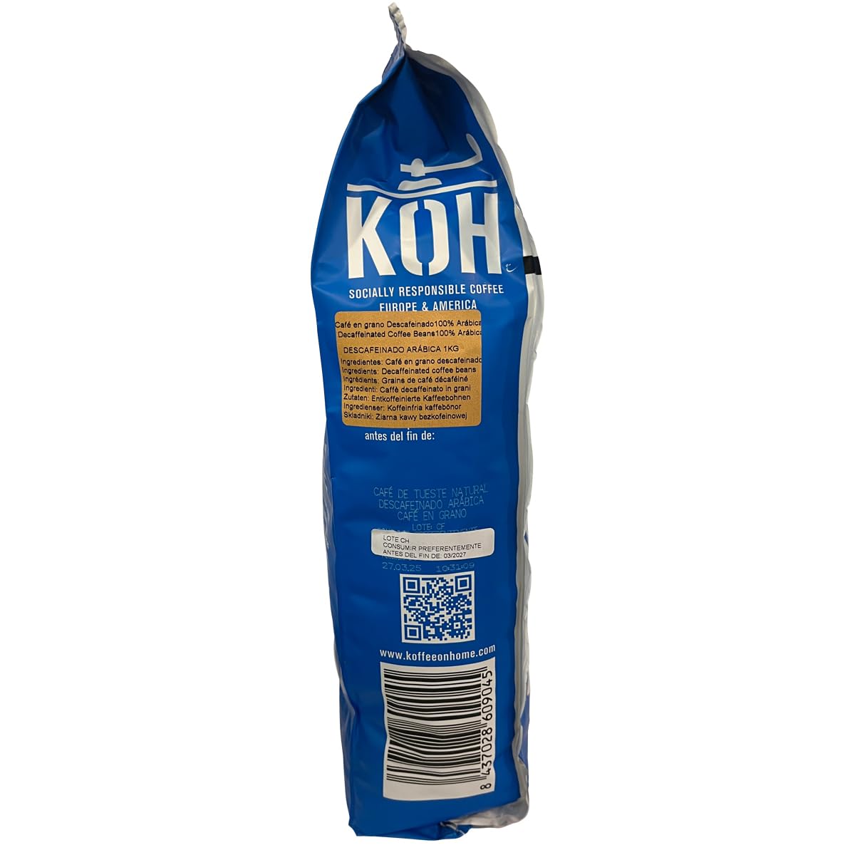 KoffeeONHOME Café en Grano Descafeinado al Agua, 100% Arábica, Tueste Natural, 1 kg