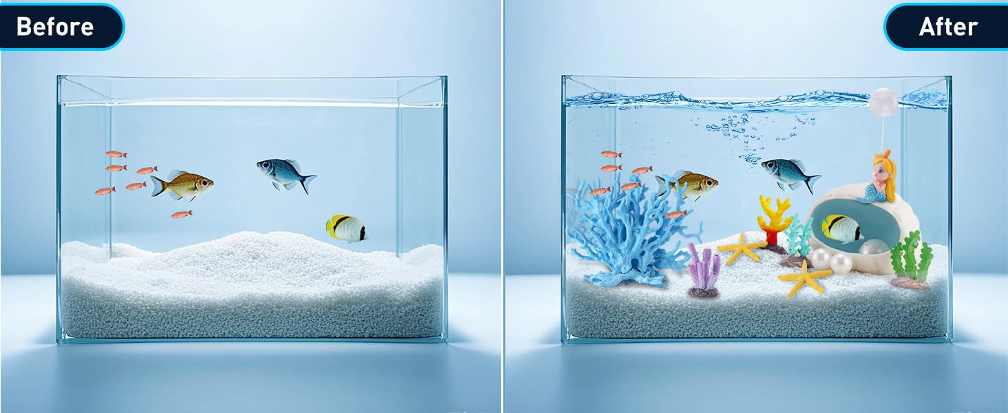 Yawkey Juego de decoración de acuario: corales vibrantes, estrellas de mar, conchas con perlas y figuras de sirena: solución única de paisajismo acuático para una escena submarina mágica (azul)