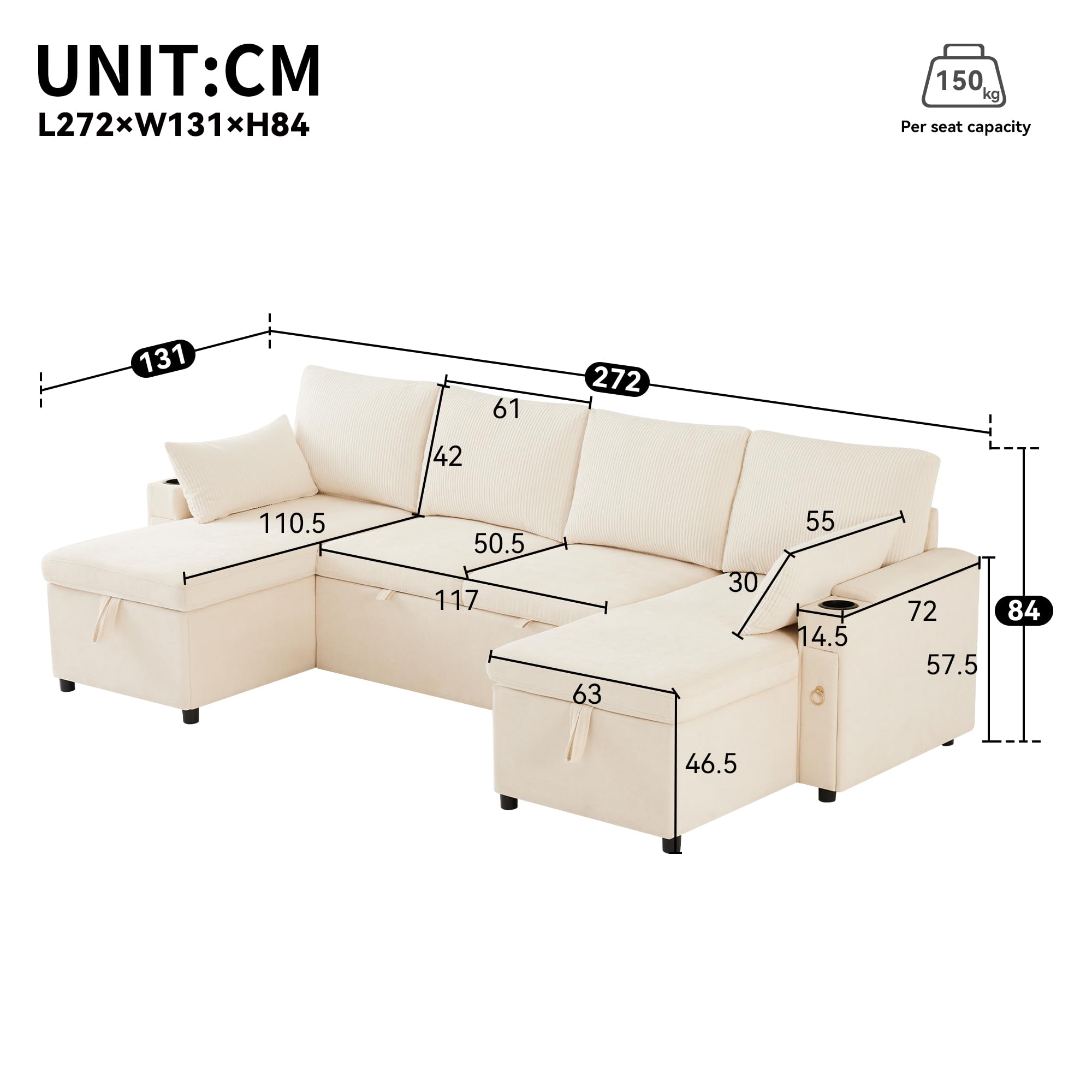 Merax Canapé-lit d'angle extensible en forme de U avec coffre de lit, double méridienne avec espace de rangement caché, canapé-lit pratique avec porte-gobelet, compartiment pour accoudoirs, grand