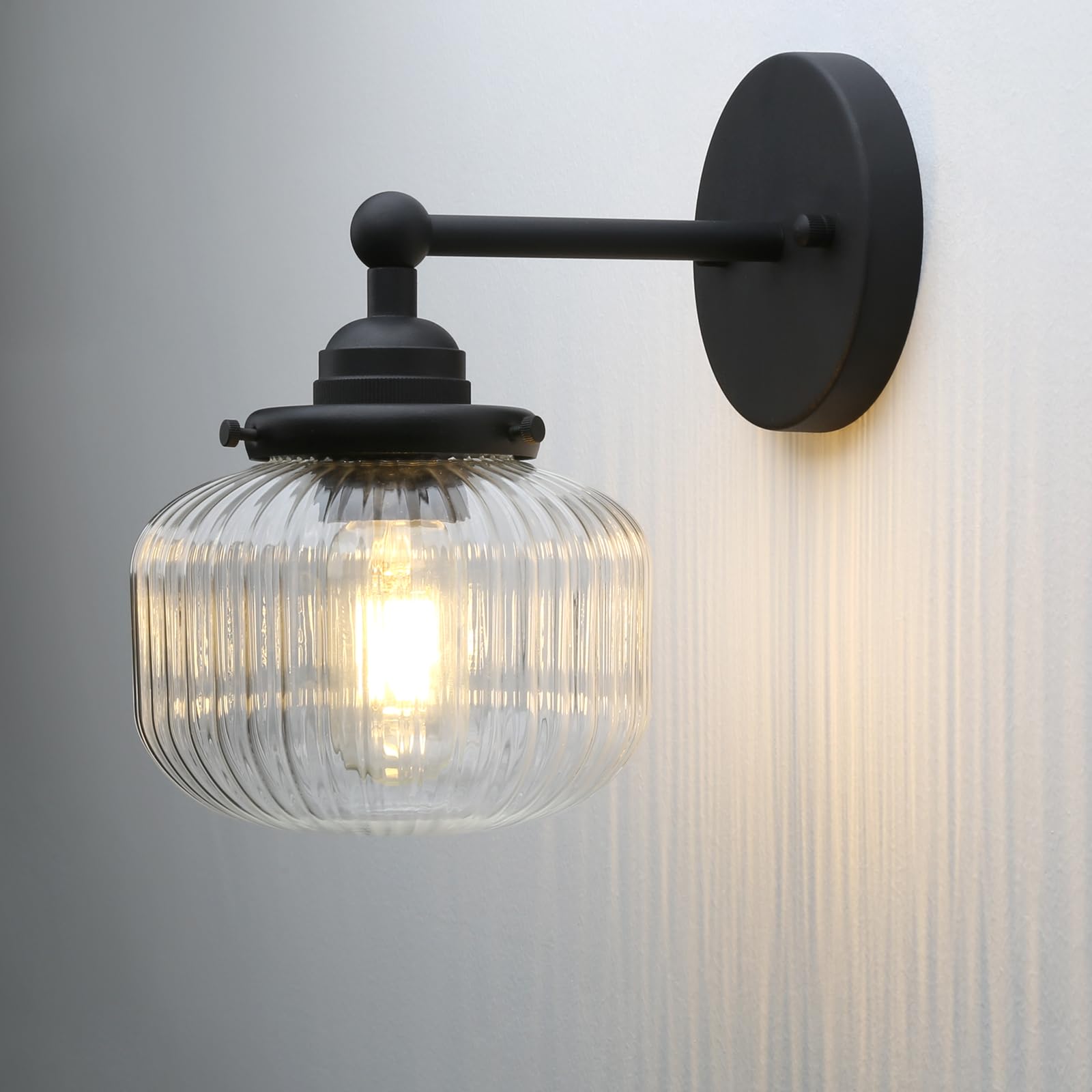 Yosoan Industrial Ribbed Wall Ligh,Kitchen Bedroom Wall Sconce Lights with 6.3” Glass Lampshde, E27 Wall Mount Light Fitting (Black)