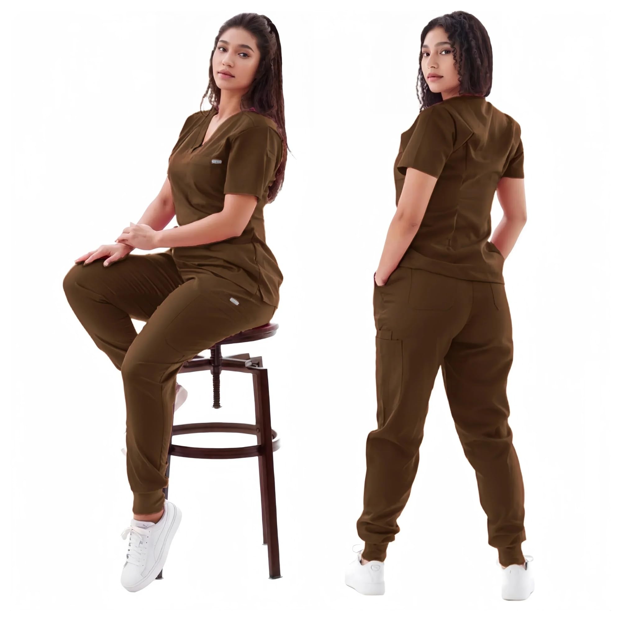 Shbhws Women's Brown Nurse's Uniform Multicolour Jogger Suit Nurse Scrubs Set Clinical Clothes Doctor Nursing Uniforms Short Sleeve V-Neck Tops Pocket Pants Beauty Uniform Tunics(,L)