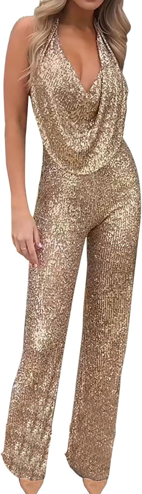 Women's Sexy Halter V Neck Sparkly Jumpsuits 2024 Formal Backless Romper Long Pants Sequins Party Clubwear