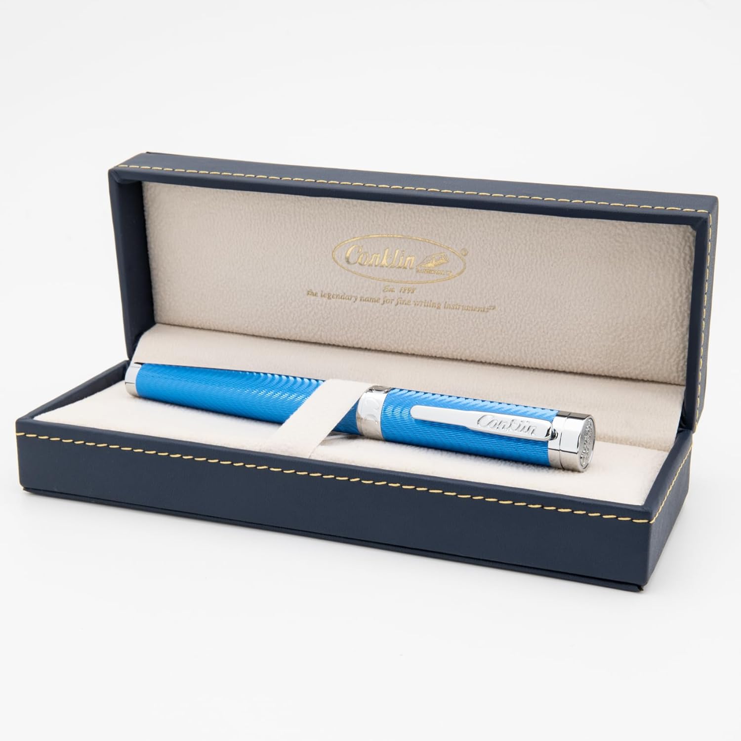 Conklin Herringbone Signature Rollerball Pen - Blue with Chrome Trim, Elegant Engraved Design, Smooth Writing Experience, Refillable for Long-Lasting Use, Ideal Gift for Professionals