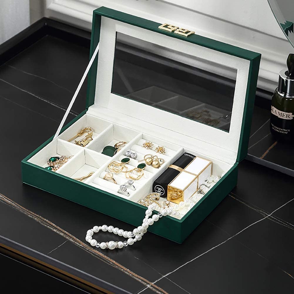 Organizer na Biżuterię Skórzane Pudełko Na Biżuterię Gablota Okno Akrylowe Organizator Biżuterii Naszyjnik Pierścionki Wymienny Wyświetlacz Tacy Etui do Przechowywania