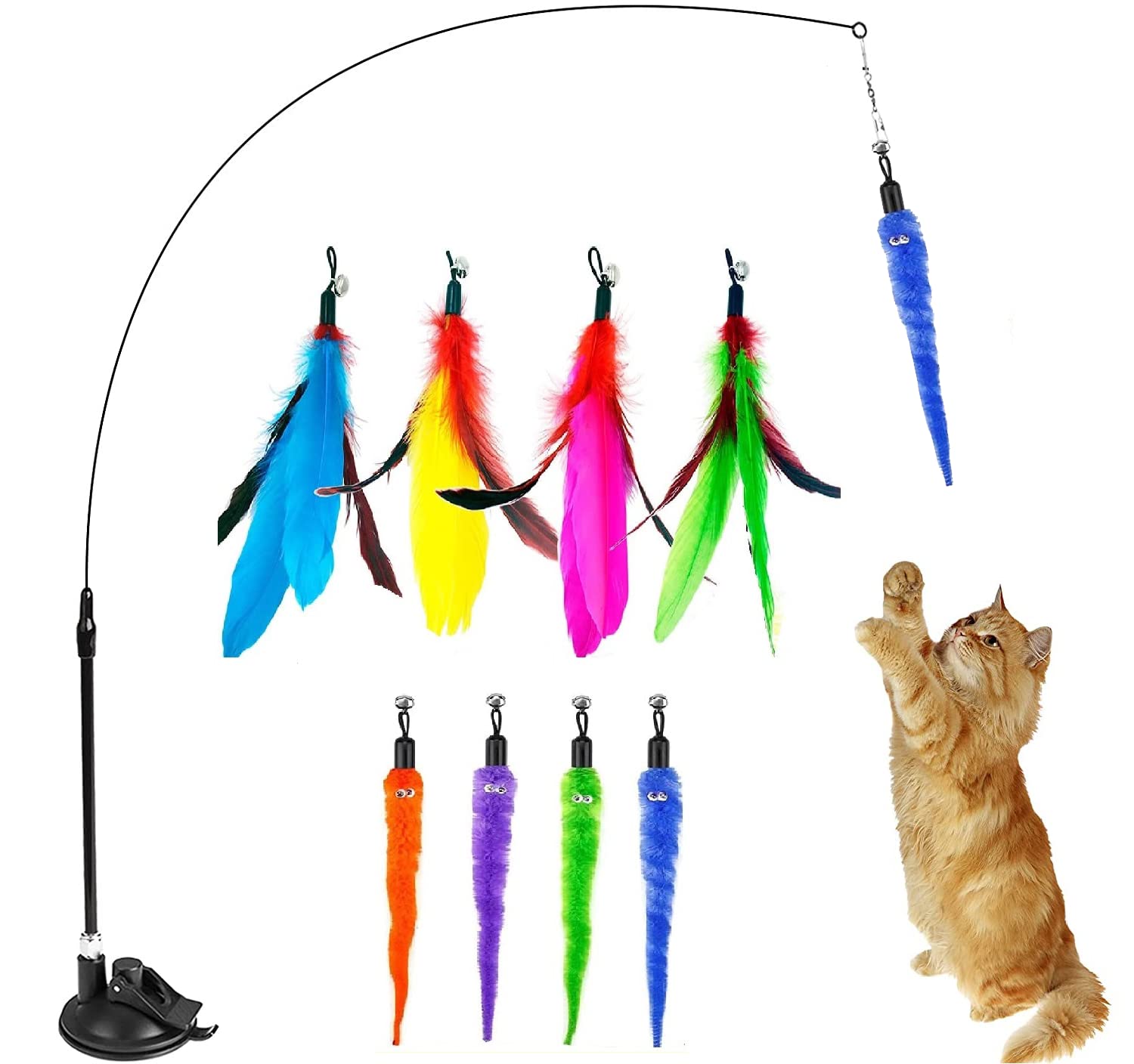 8Pcs Feather Toys Interactive Cat Teaser Wand with Suction Cup and Detachable Feather Replacements for Indoor Cats