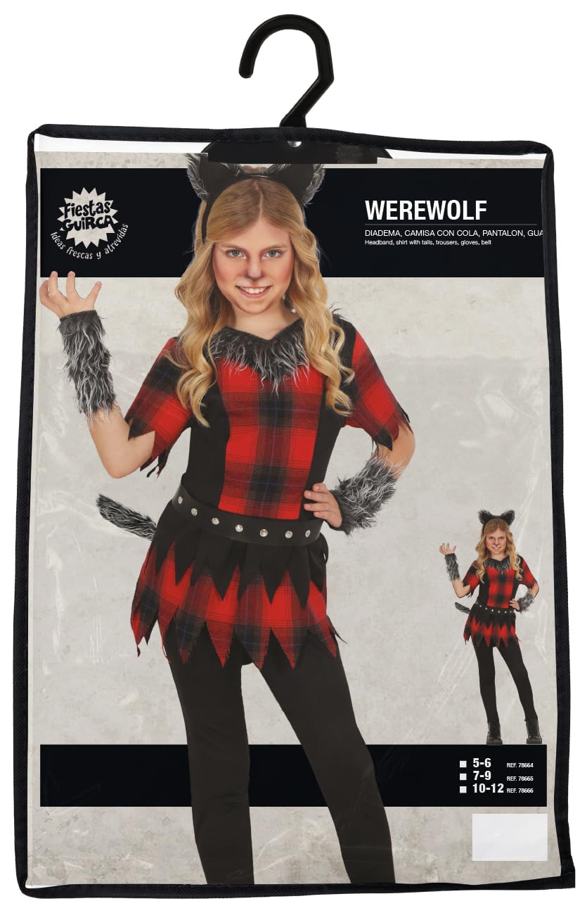 FIESTAS GUIRCA | Werwolf Halloween Kostüm Kinder - Tier Kostüm Karneval Fasching inkl. Oberteil, Gürtel, Haarreif, Handschuhe & Hose - Werwolf Kostüm Mädchen Schwarz Rot