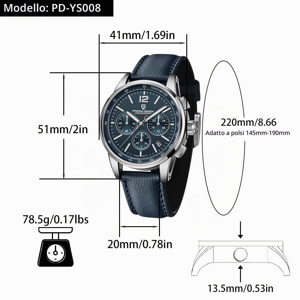 Pagani Design Orologio cronografo al quarzo da uomo 100 metri impermeabile in acciaio inox 40 mm quadrante Diametro vetro zaffiro