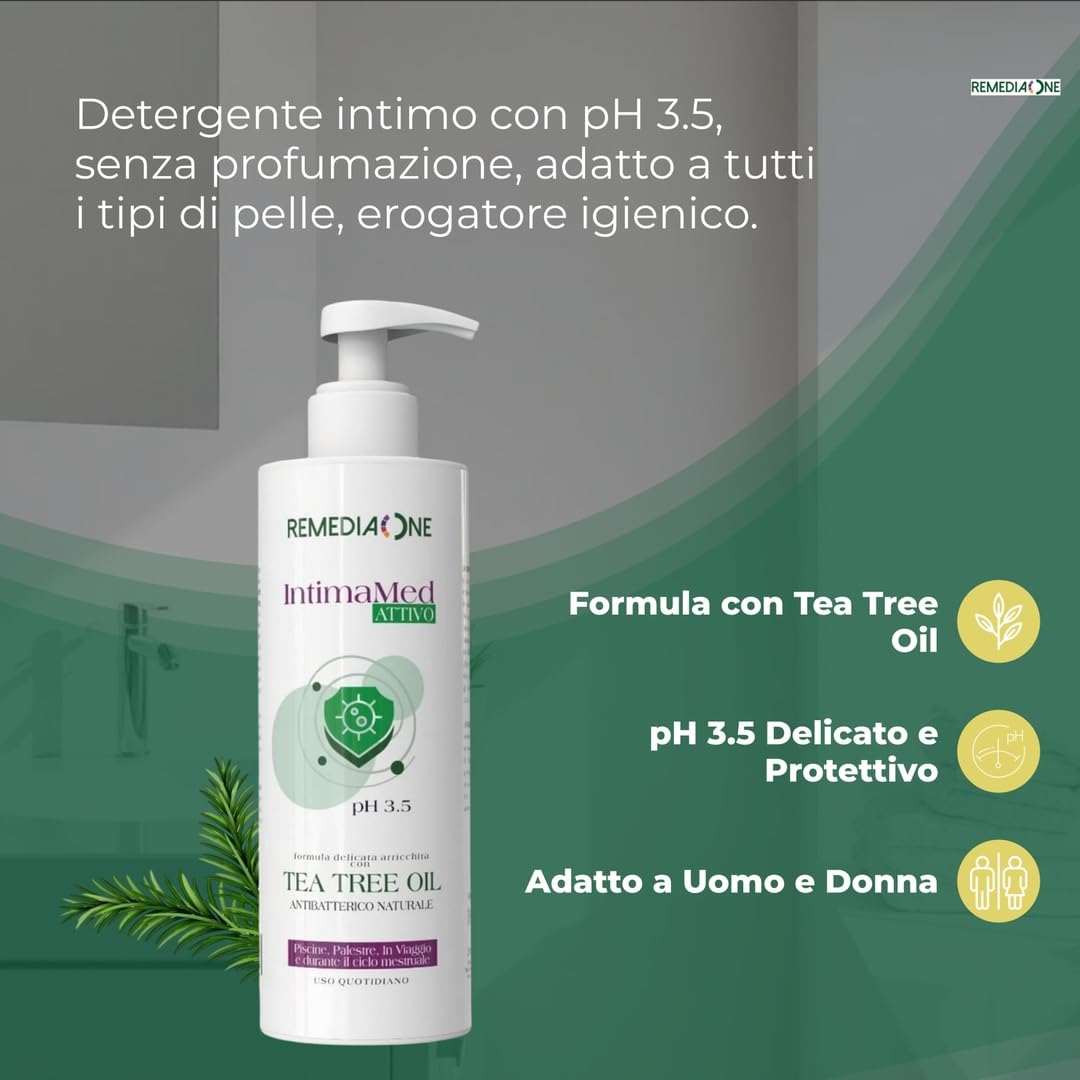 REMEDIA ONE – Detergente Intimo Uomo e Donna con Tea Tree Oil, Sapone Intimo Antibatterico Naturale, Delicato Attivo pH 3.5, Uso Quotidiano – 500 ml
