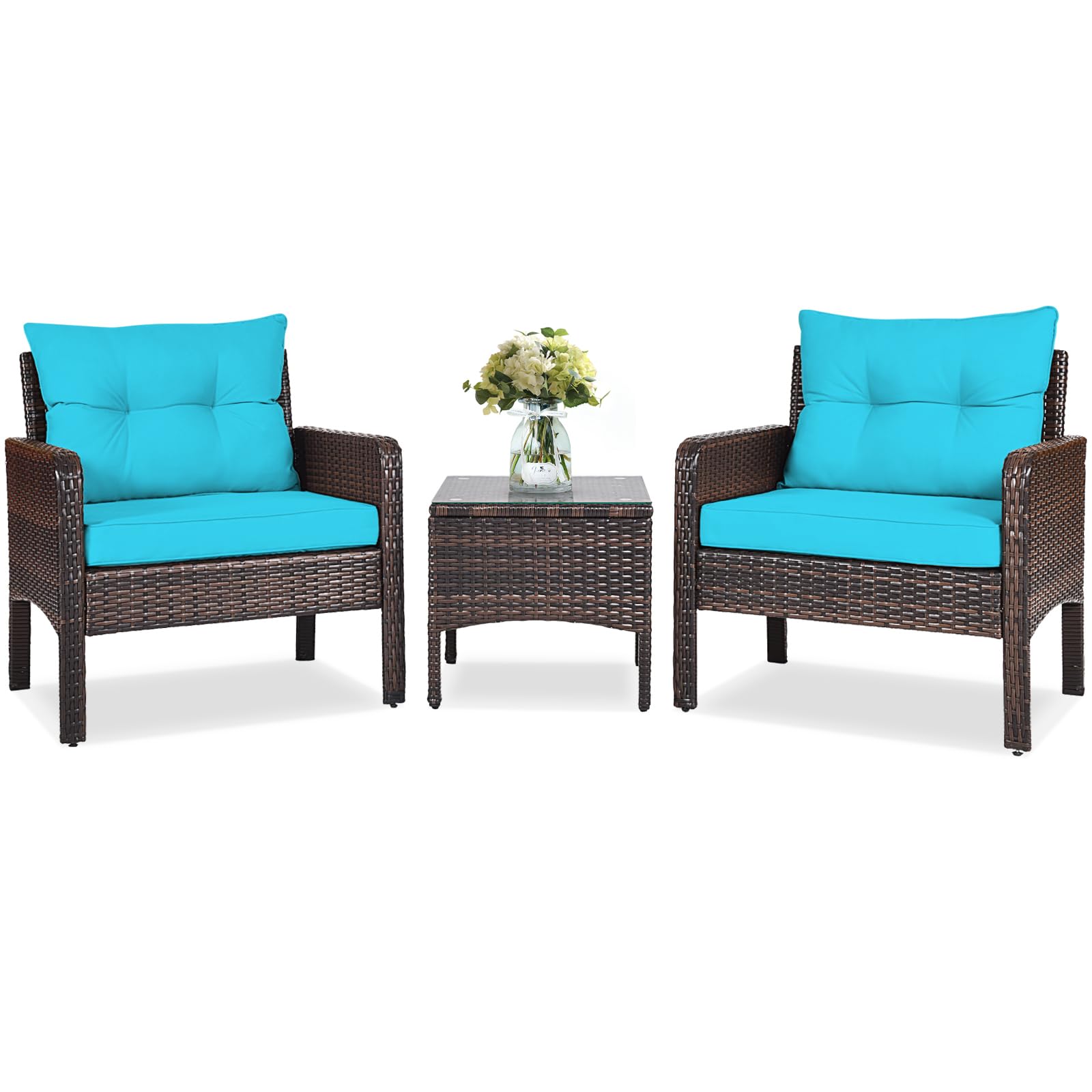 RELAX4LIFE3-Piece Patio Furniture Set, PE Rattan Wicker Outdoor Conversation Set w/Glass Top Coffee Table & Thick Cushions for Deck Porch Balcony Garden, Bistro Table and Chairs Set of 2 (Turquoise)
