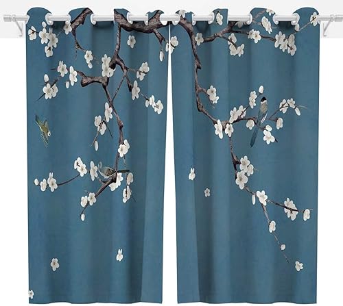 Miniatura 3 de Cortinas de oscurecimiento de estilo chino para dormitorio, 2 paneles de cortinas de arte de flor de cerezo, ciruela, juego de cortinas opacas de 63