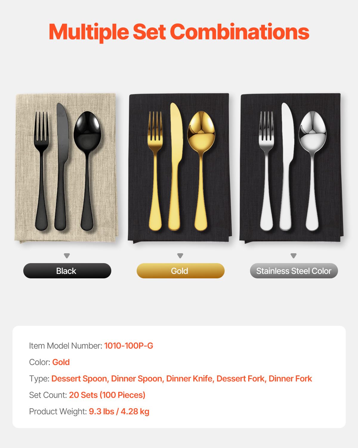 VEVOR Set di Posate in Acciaio Inossidabile per Uso Alimentare, Set Posate Altamente Lucide, Stoviglie in Lavastoviglie, Servizio 20 Persone, Coltello Forchetta Cucchiaio 100 Pezzi in Oro