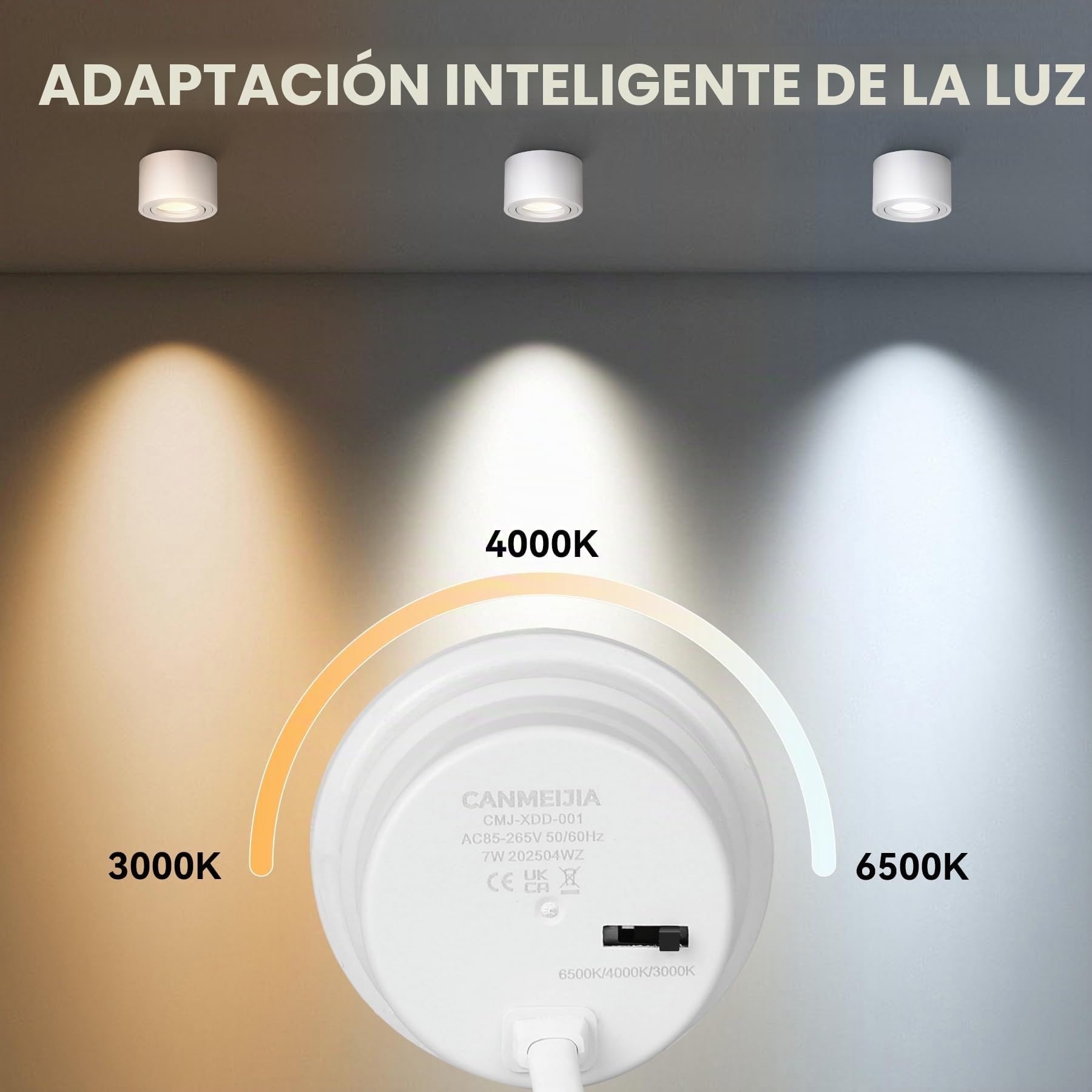 CANMEIJIA Foco LED de Techo Superficie 7W Plafón Orientable 3 Tonos 4 Pack | Foco LED de techo con diseño orientable de 30 grados para iluminar rincones específicos y sustituir downlights empotrados