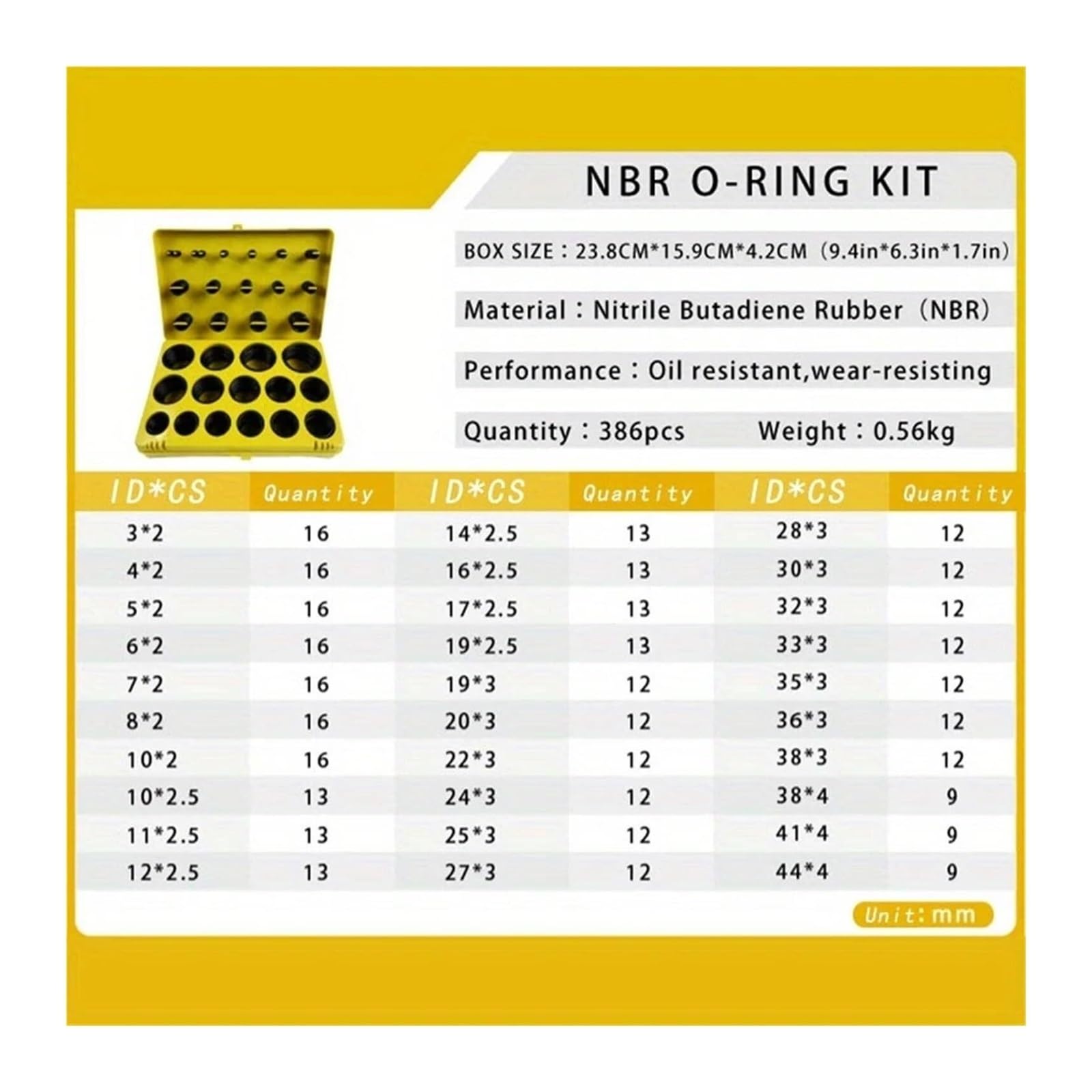 Schwarzer Gummiring, Nitril-O-Ring-Dichtungsscheibe, Dichtungs-NBR-O-Ring-Dichtungs-Sortiment-Set, Kit-Box(Yellow Set Kit Box)