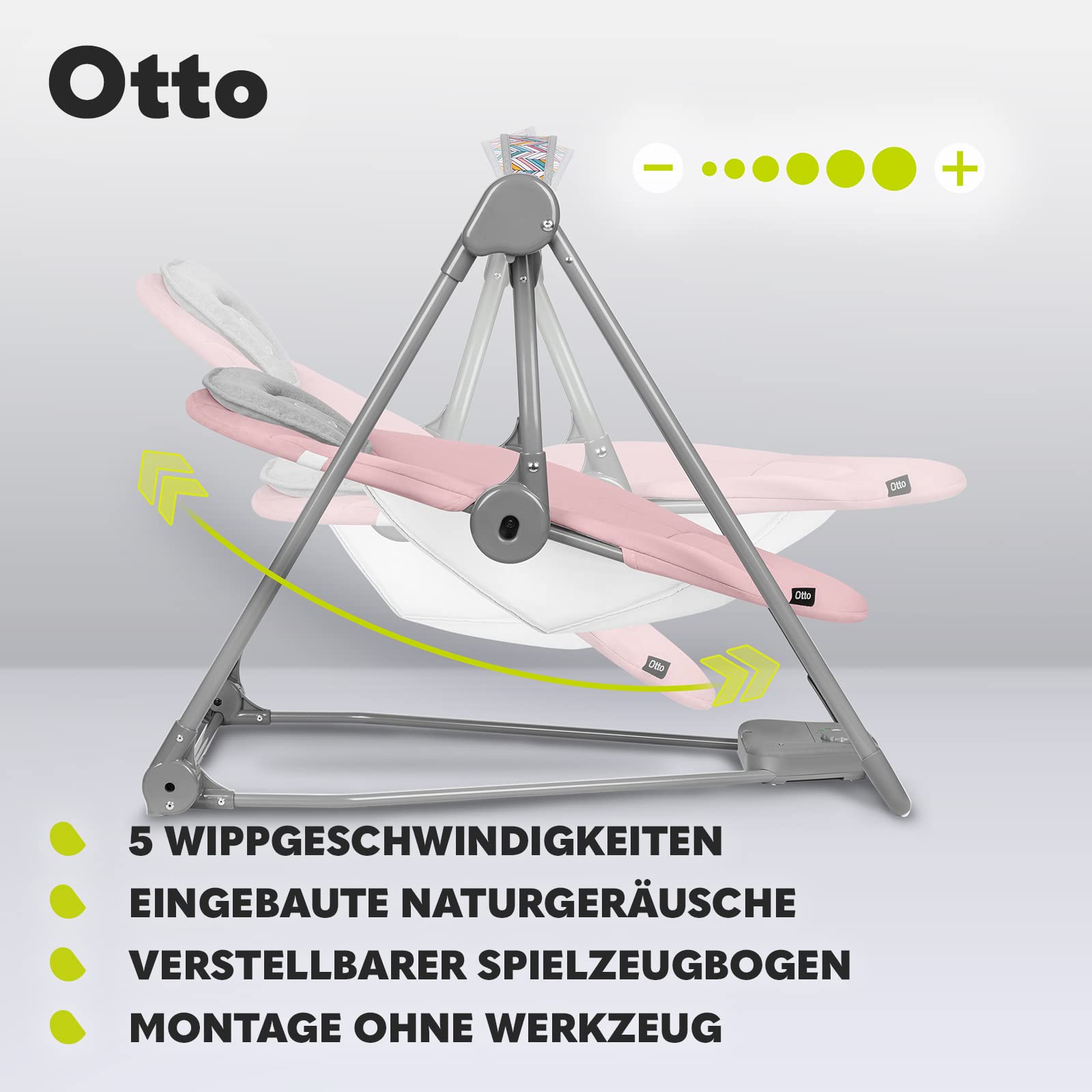 LIONELO Otto Baby Huśtawka dla niemowląt, łuk do zabawy z interaktywnymi zabawkami, 5 prędkości huśtawki, odgłosy natury, od urodzenia do 9 kg, składany (Cozy Grey) (różowy)