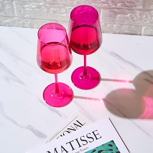 Miniatura 3 de Copas de vino rosa intenso, juego de 2, cristalería clásica magenta y rosa rubor, copas para rojo y blanco, cócteles, champán, vino, regalo único
