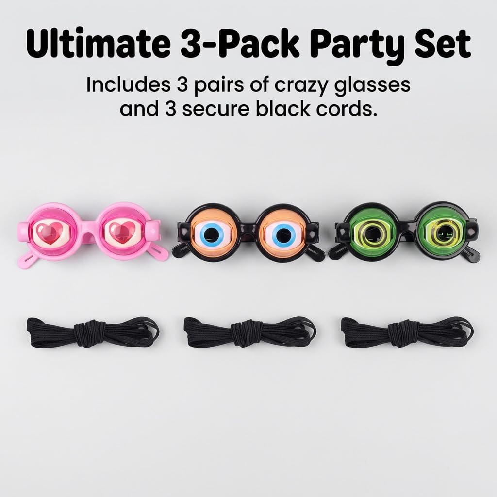 3Pcs Funny Glasses for Adults Crazy Eye Glasses(with 3 Glasses Cords), Eyes Glasses Adult Size Silly Sunglass With Blinking Eyeball for Party and Performances(Pink,Black,Green)