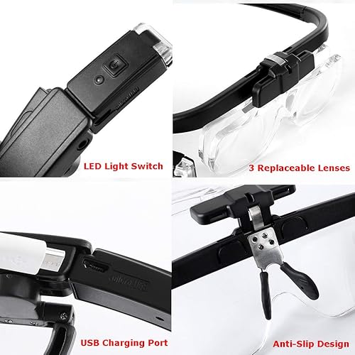 Miniatura 3 de Lupa con luz LED para trabajo cercano, lupa de cabeza recargable por USB, manos libres para pintura de punto de cruz, costura, manualidades,
