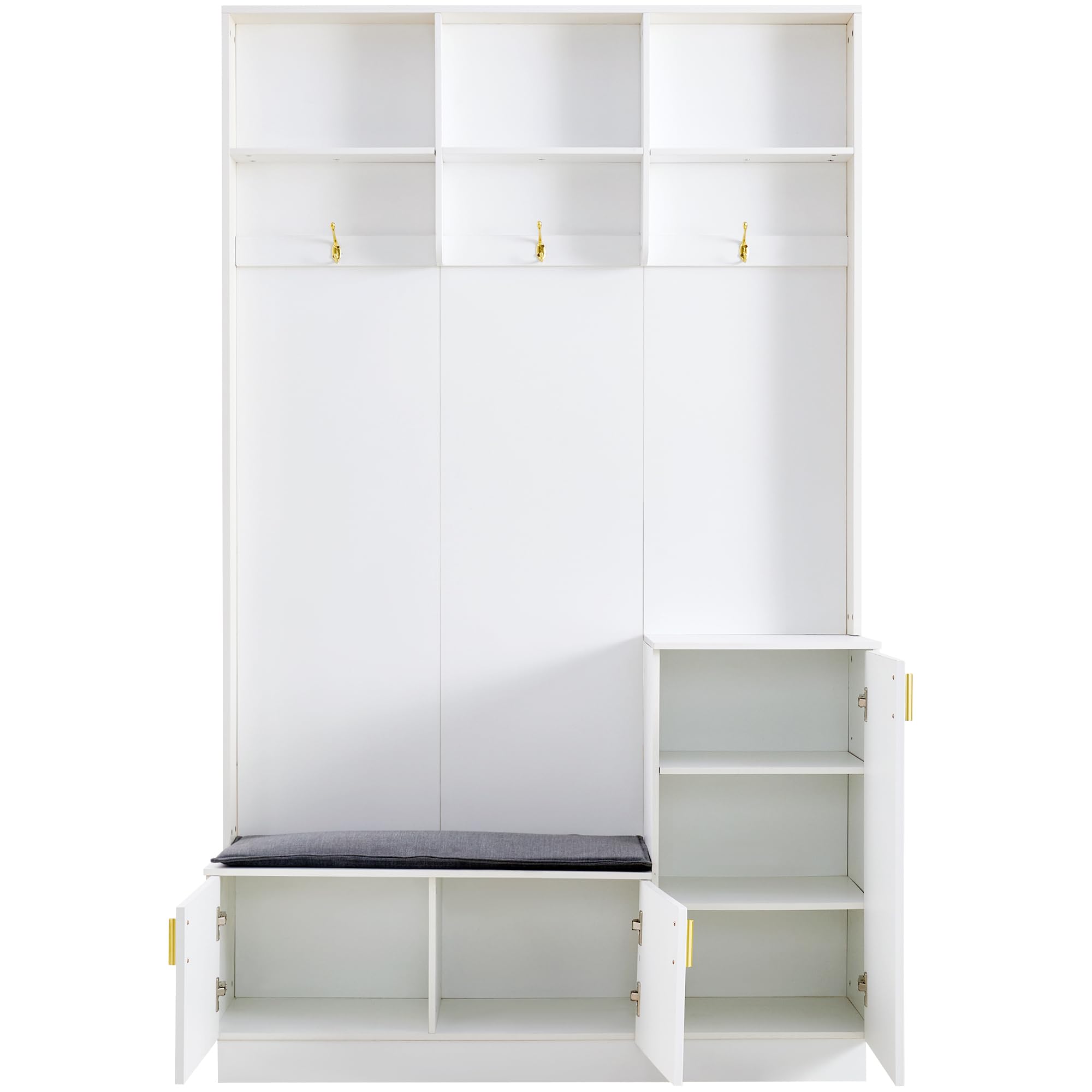 Set appendiabiti con panca e scarpiera, appendiabiti con 3 ganci sospesi e spazio aperto, multifunzionale, rettangolare, per corridoio, H200/B120/T40 cm