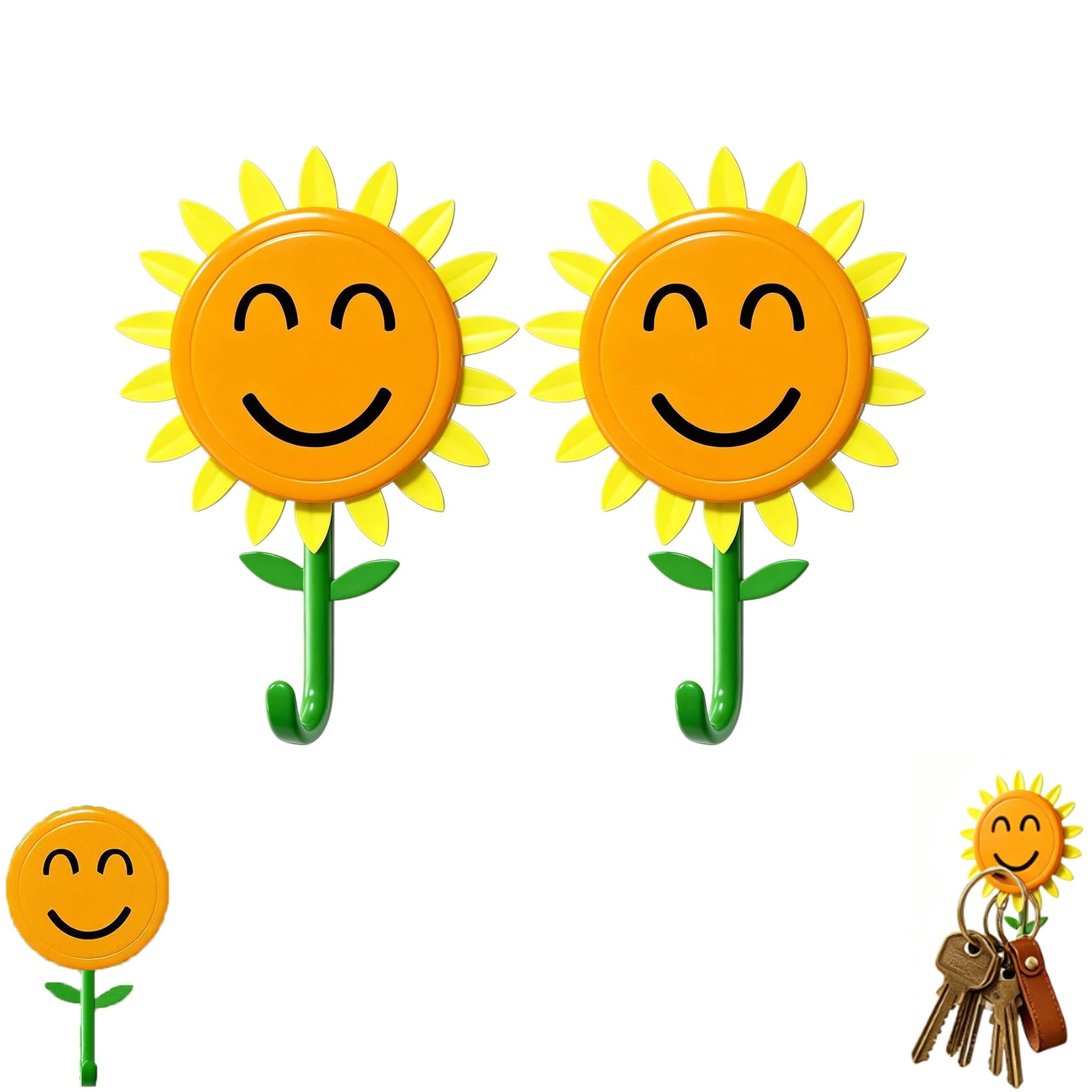 BRTNUP 2 Pack Sunflower Wall Hooks, Smiley Sunflower Decorative Wall Hooks