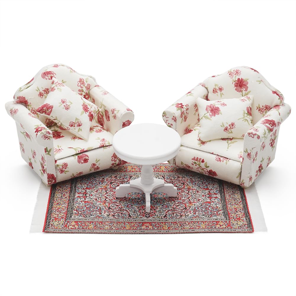 Odoria Dollhouse Side Table and Armchair: 1/12 Scale Miniature Rug and White Coffee End Table for Vintage Rustic Country Living Room Office - Mini Bedroom Furniture Set Sofa with Pillow Red Floral