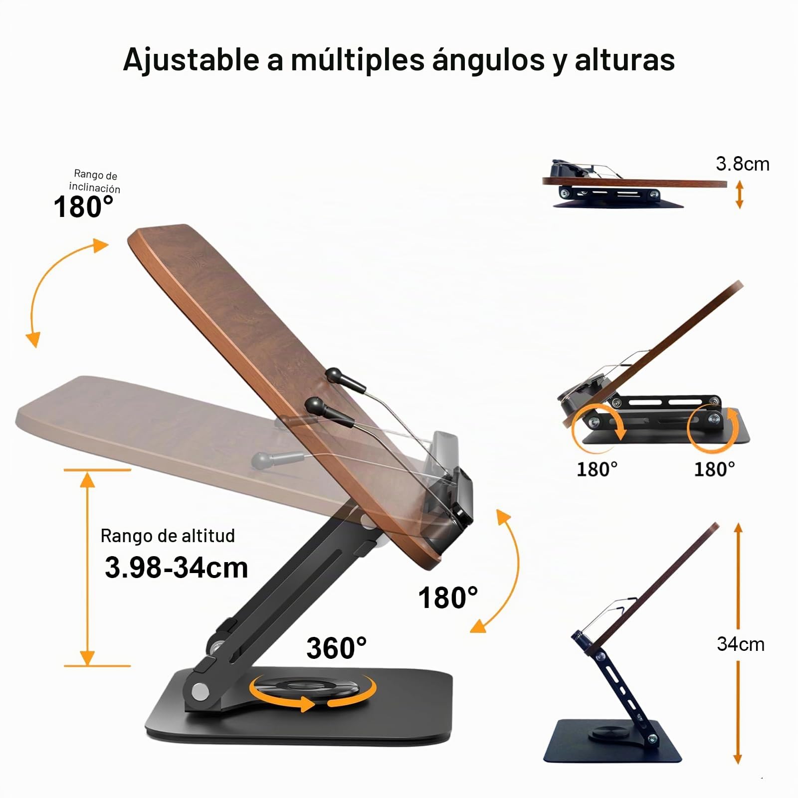 Atril para Libros, Soporte para Libros, Atril Estudio, Atril Libros, Soporte de Lectura de Madera Ajustable y Giratorio 360°, Plegable y Estable, para Libros de Cocina, Revistas, Cuadernos