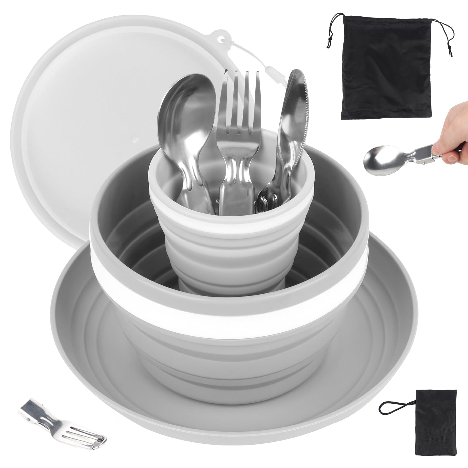 Camping Cutlery Set for 1, Folding Camping Plates and Bowls Set, 7 Pcs Camping Mess Kit Include Knife, Spoon, Fork, Cup, Bowl & Plate, Camping Utensils, Crockery Sets for Travel Outdoor Hiking Picnic