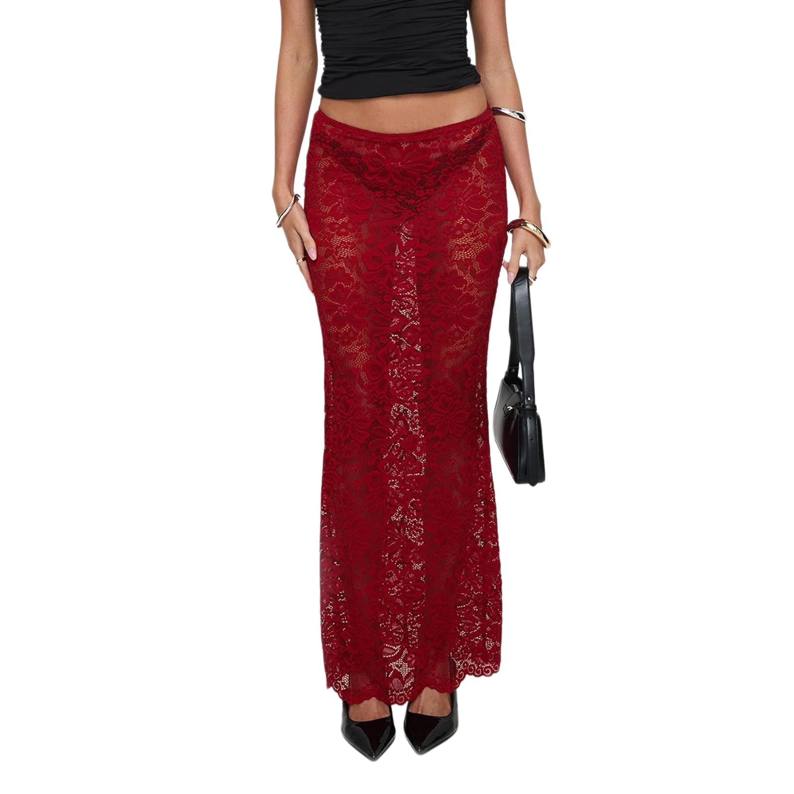 Plaża Cover Up Spódnica Damska Letnia Koronkowa Skinny Moda Sheer Kwiatowa Długa Na Podróż, Plażę, Zakupy-czerwona-L