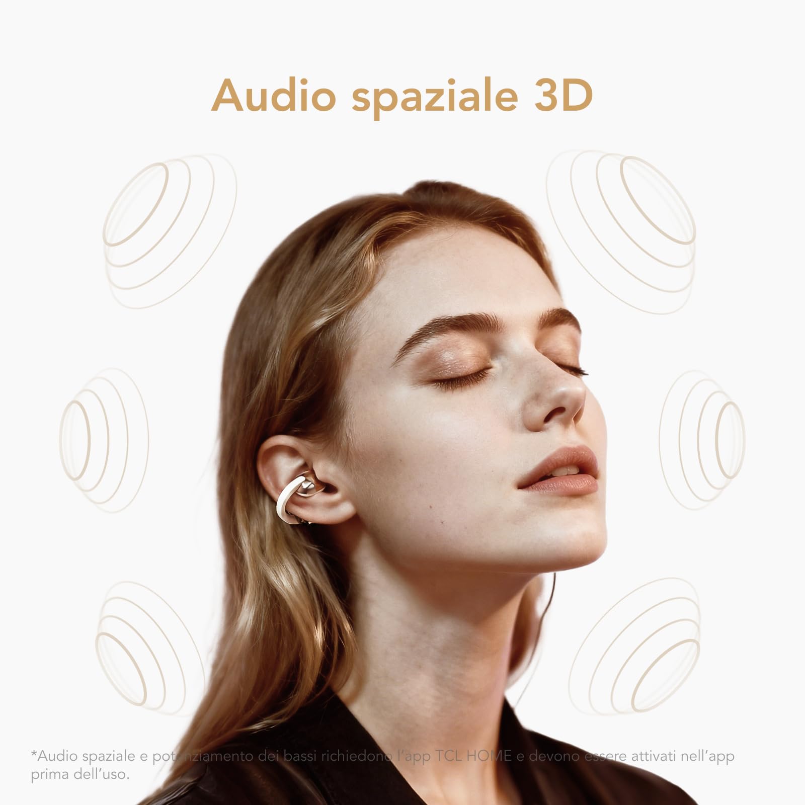 TCL CrystalClip, design a clip, miglioramento dei bassi, suono spaziale 3D, fino a 36 ore di riproduzione, Bianco lunare