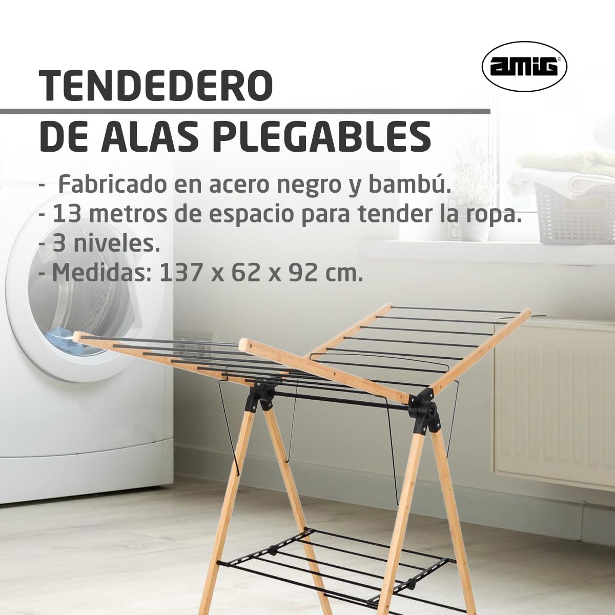 Amig - Tendedero con Alas Plegables Mod. Aeria Naturdry - Acero Epoxi y Bambú - Fácil Montaje y Plegado - 13 m de Espacio de Secado - Medidas 137 x 62 x 92 cm - Color Negro/Bambú