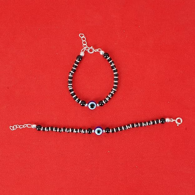 Exclusive 925 Pure Silver Evil Eye Baby Nazariya Bracelets with Black Crystal & Silver Beads for New Born Baby Boys and Girls (4 inch + 1 inch Adjustable)