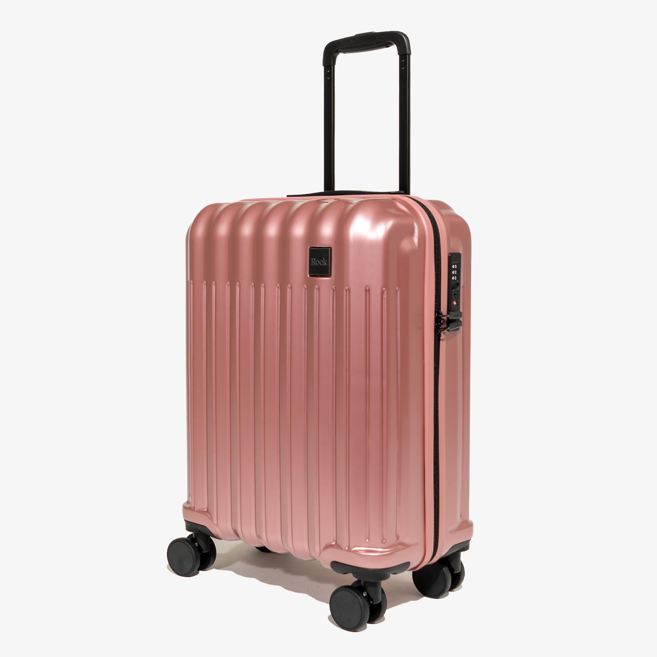 Rock Luna - Maleta pequeña de carcasa rígida en color rosa, funda ligera y duradera de ABS con cerradura TSA, 8 ruedas giratorias y asa telescópica, equipaje metálico a cuadros, 54,5 x 37,5 x 23 cm