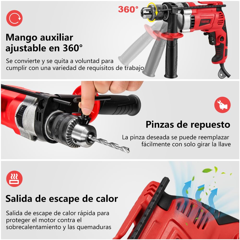 TEENO Taladro de percusión con cable 910 W, martillo perforador eléctrico 0-3000 rpm con 38 accesorios, mango giratorio de 360°, velocidad variable, mandril de metal de 13 mm, funda de transporte