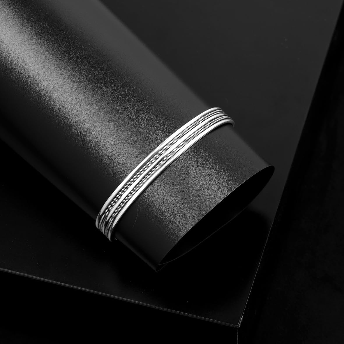 Hand-Engraved Thick Silver Band Bracelet for Men – Handmade Sterling Silver Cuff, Unisex Embroidered Vintage Band Bracelet with Gift Silver Polishing Cloth