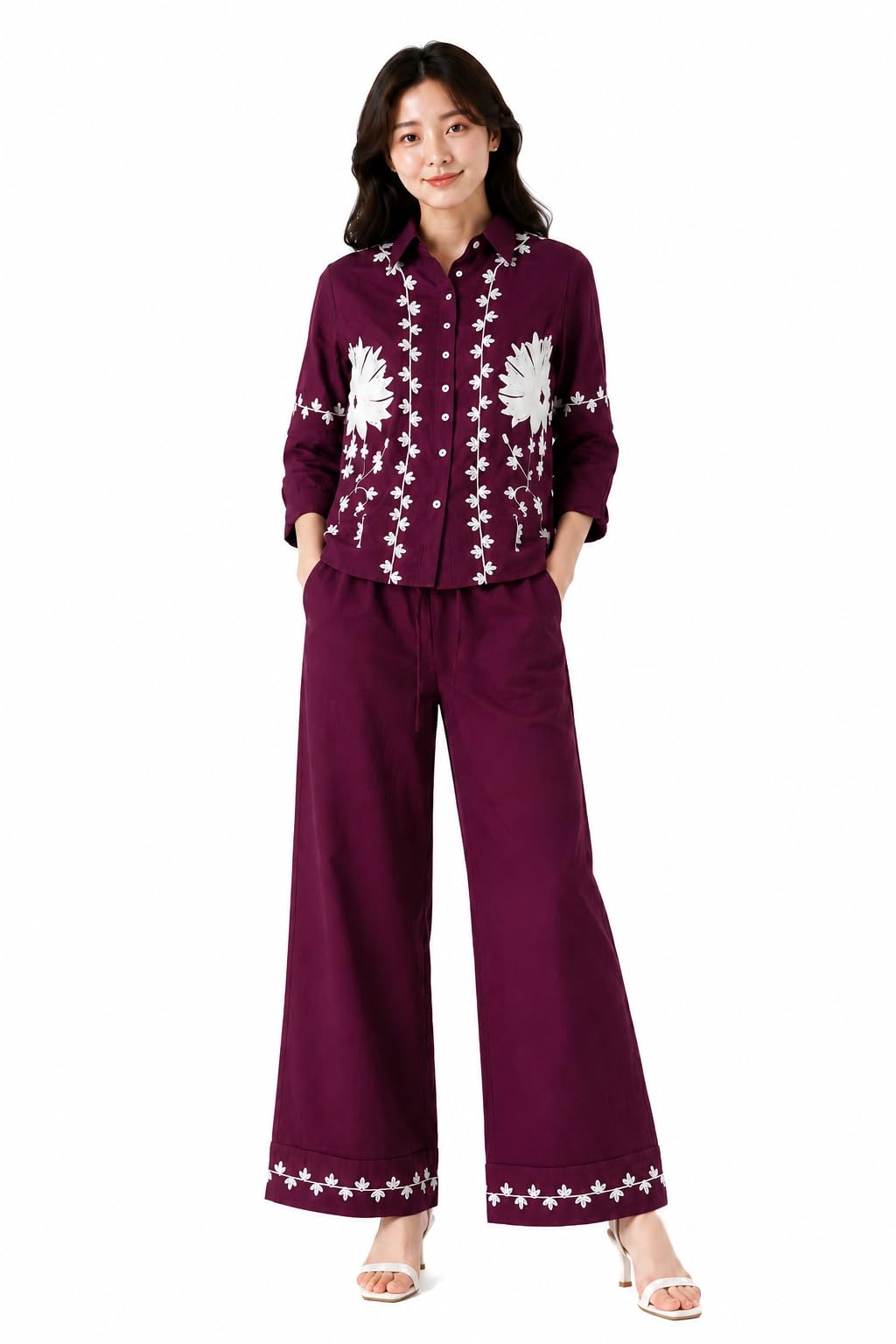 grace mode Women Embroidered Co-Ord Set | Stylish Shirt & Wide Leg Pant Set for Women | Premium Casual Lounge Wear Matching Outfit with Floral Embroidery-picture-32