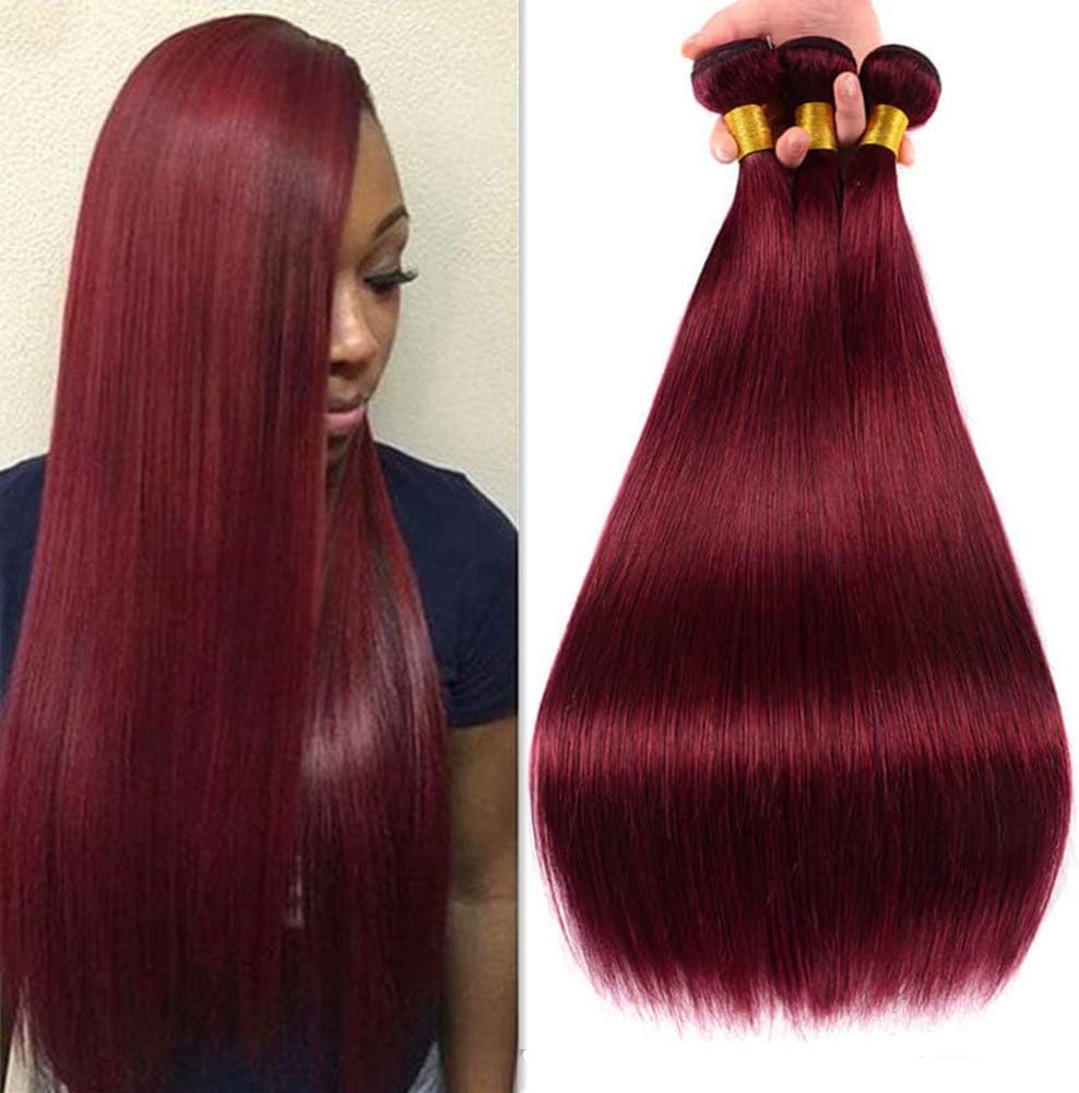 99j Human Hair Straight 3 Bundles 9A Burgundy Brazilian Remy Human Hair 3 Bundles 100% Unprocessed Grace Length Mink Human Hair Weave Bundles wine red color Straight Hair Extensions 12 14 16 inches