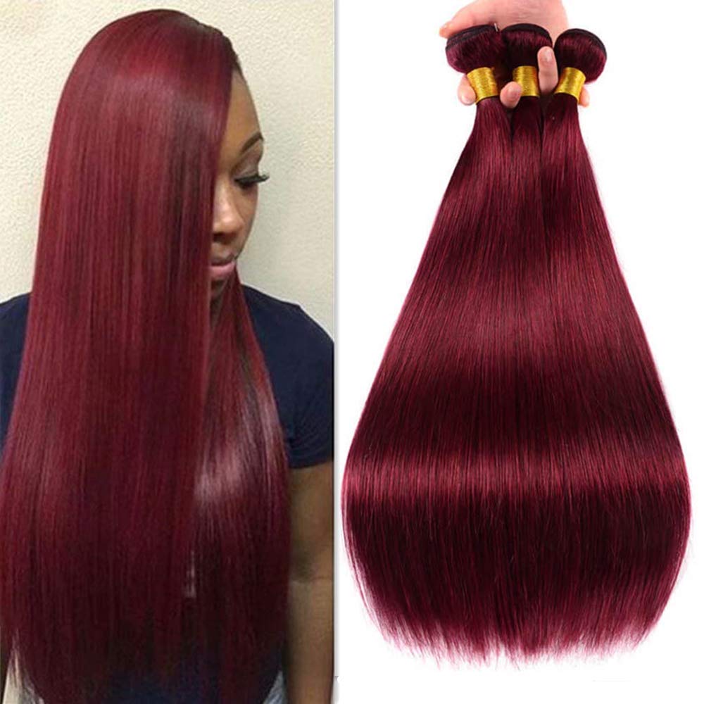 99j Human Hair Straight 3 Bundles 9A Burgundy Brazilian Remy Human Hair 3 Bundles 100% Unprocessed Grace Length Mink Human Hair Weave Bundles wine red color Straight Hair Extensions 12 14 16 inches